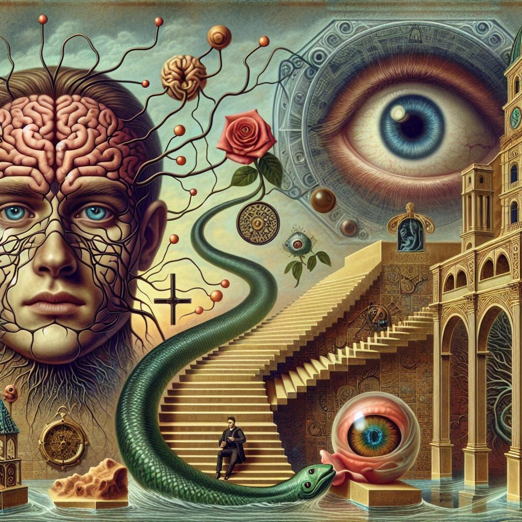 A crazy surreal digital painting of a man with inter connect...