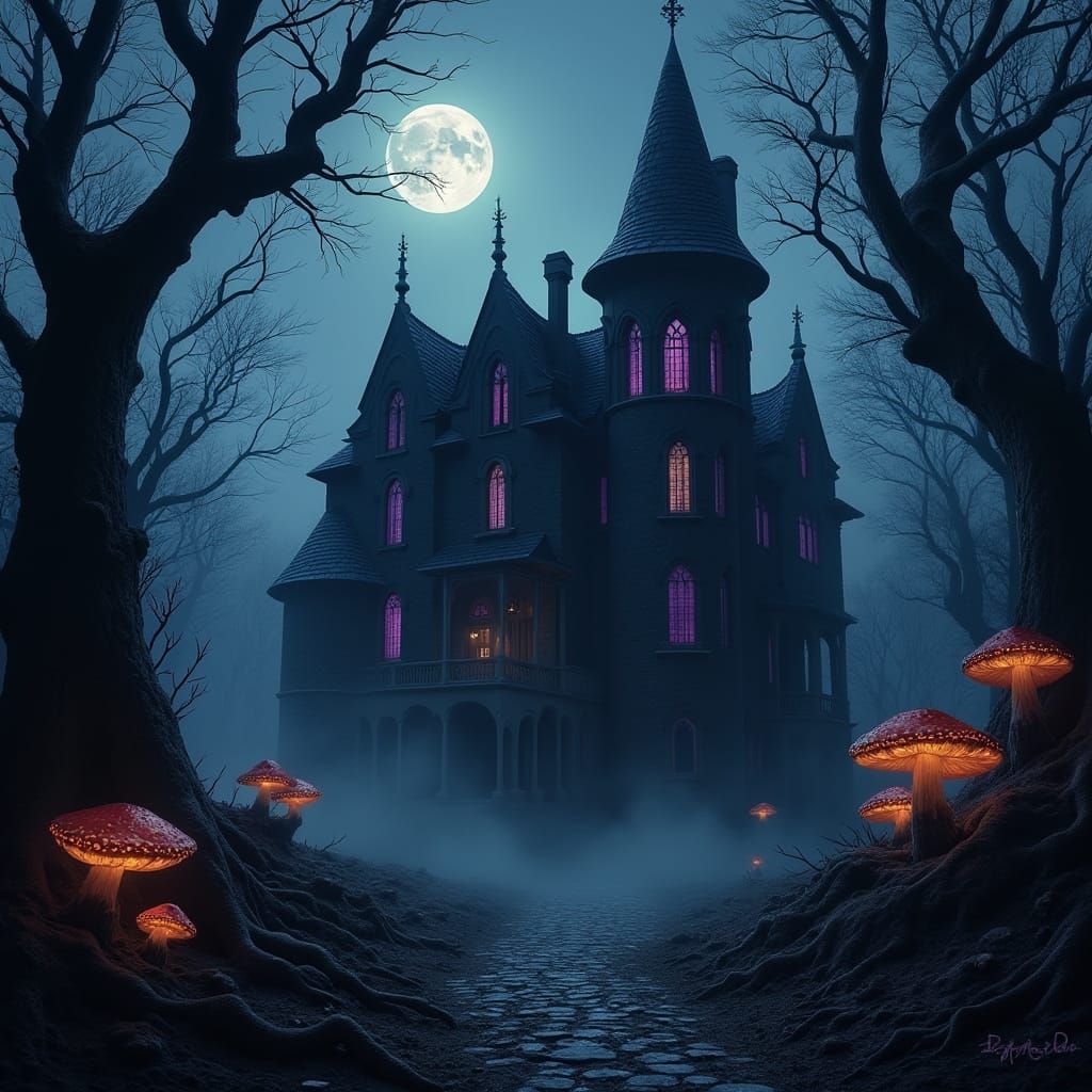 Gothic Mansion Amidst Whimsical Forest at Dusk