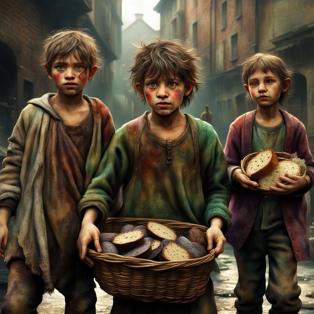 Medieval Urchins Gather Moldy Bread: Fantasy Concept Art