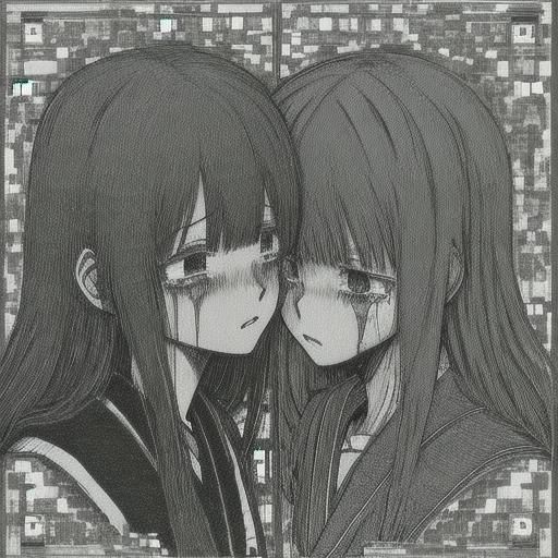 Passionate Anime Schoolgirls Kiss in Glitchcore Manga Style