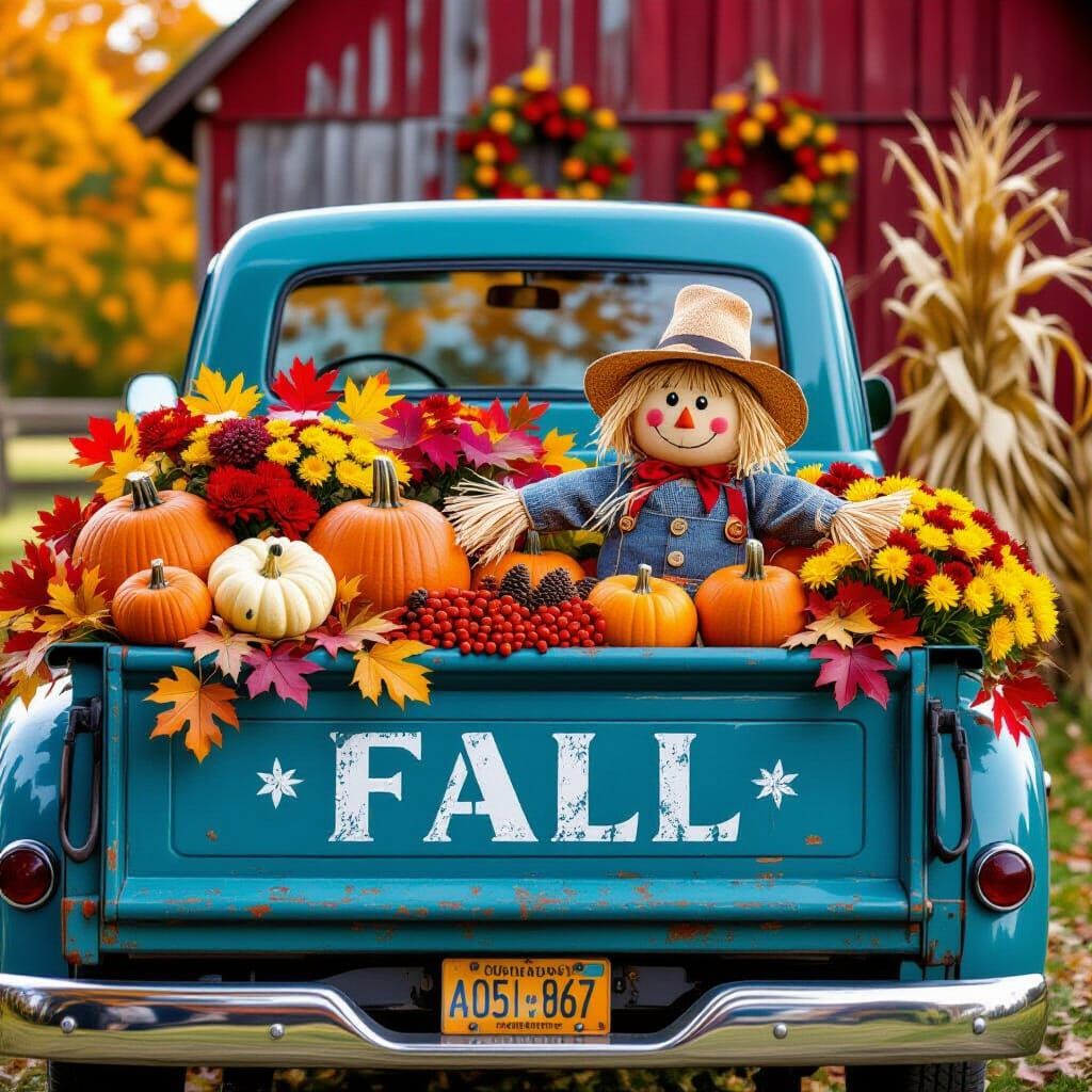 Vintage Blue Truck Tailgate Filled With Autumn Treasures
