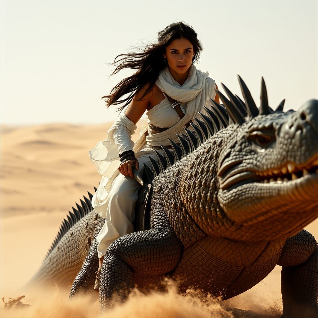 Regal Desert Warrior on Monitor Lizard in Battle-Scarred Lan...