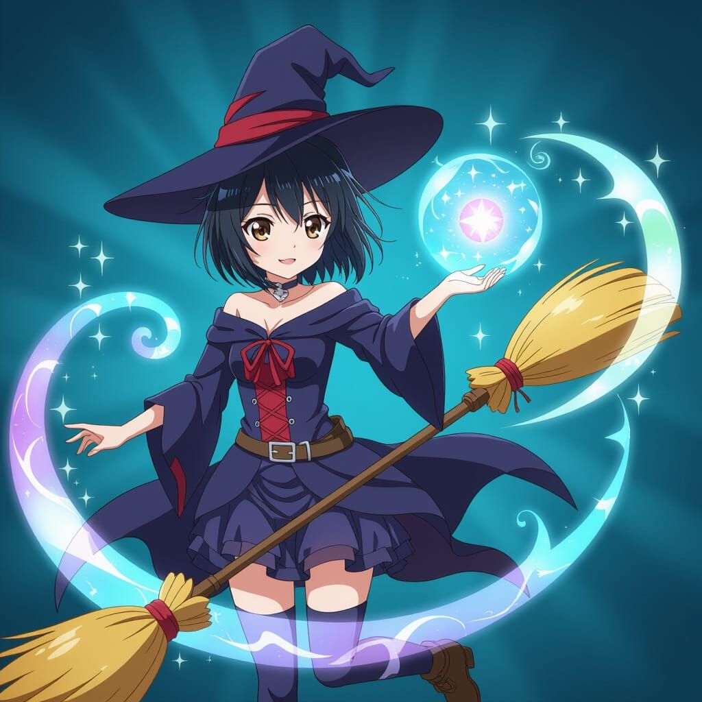 Anime Witch Gazes at Enchanted Brooms