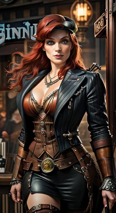 Steampunk Red Sonja with Intricate Details and Magical Atmos...