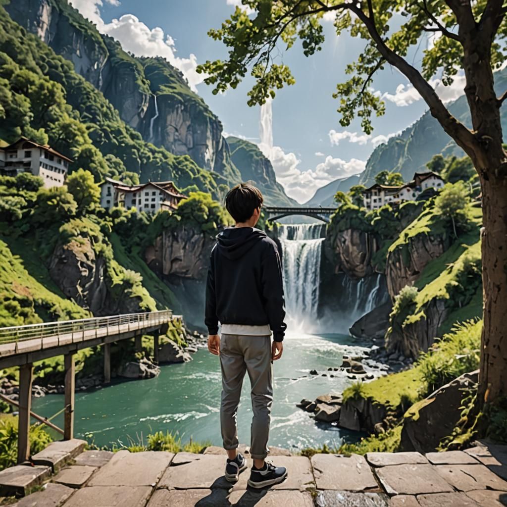 Boy Gazing at Mountain Waterfall From Bridge