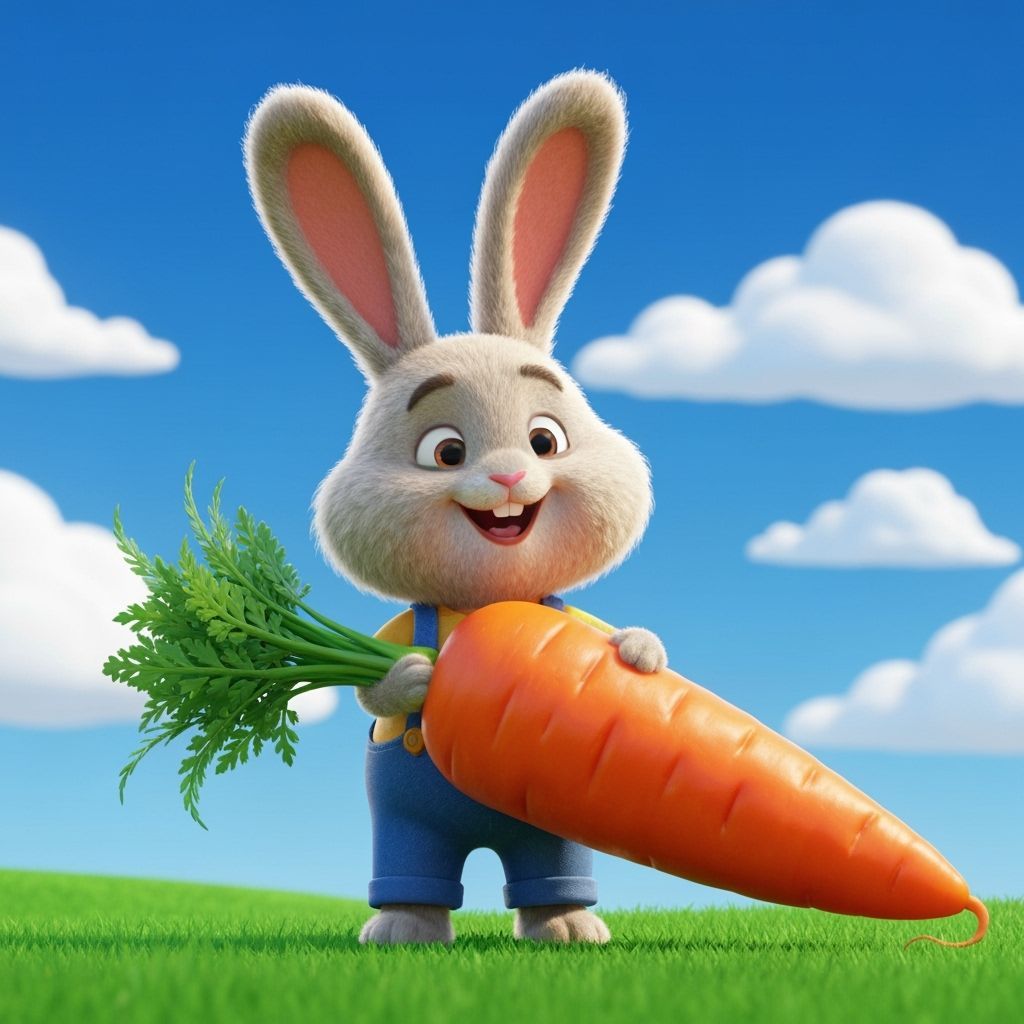 Cute Bunny in Overalls Holding Giant Carrot, Pixar Style
