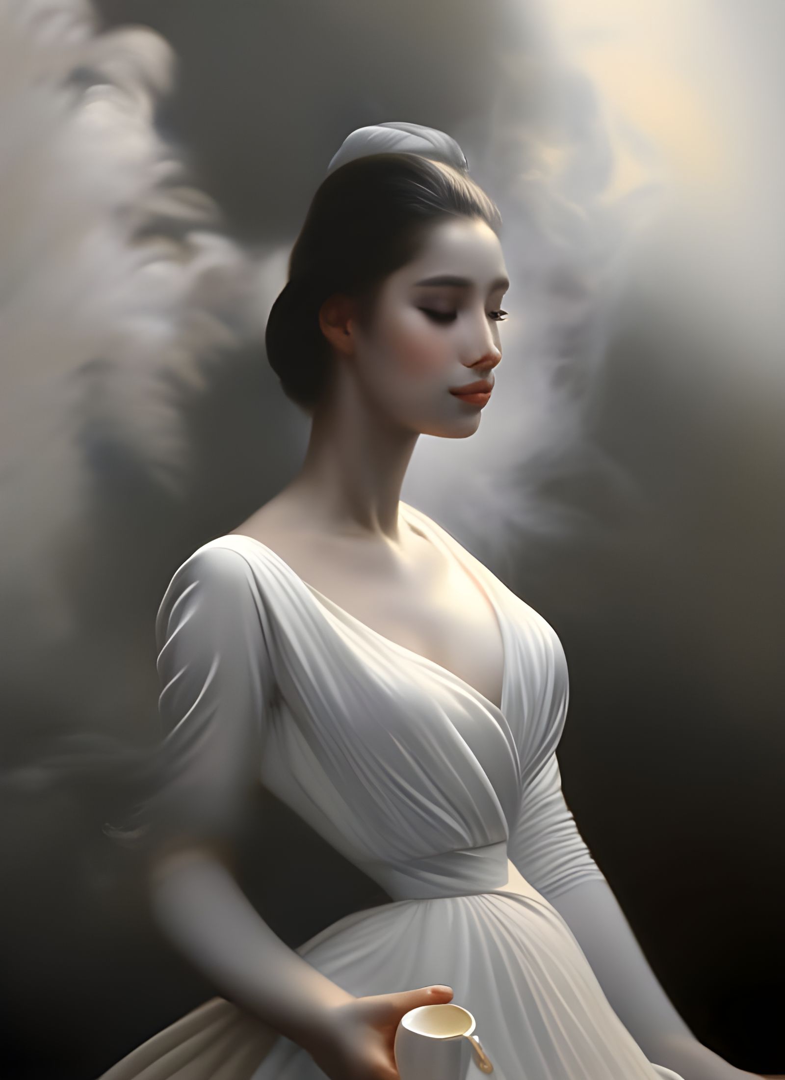 Beautiful Woman in Cafe: Photorealistic Dreamy Portrait