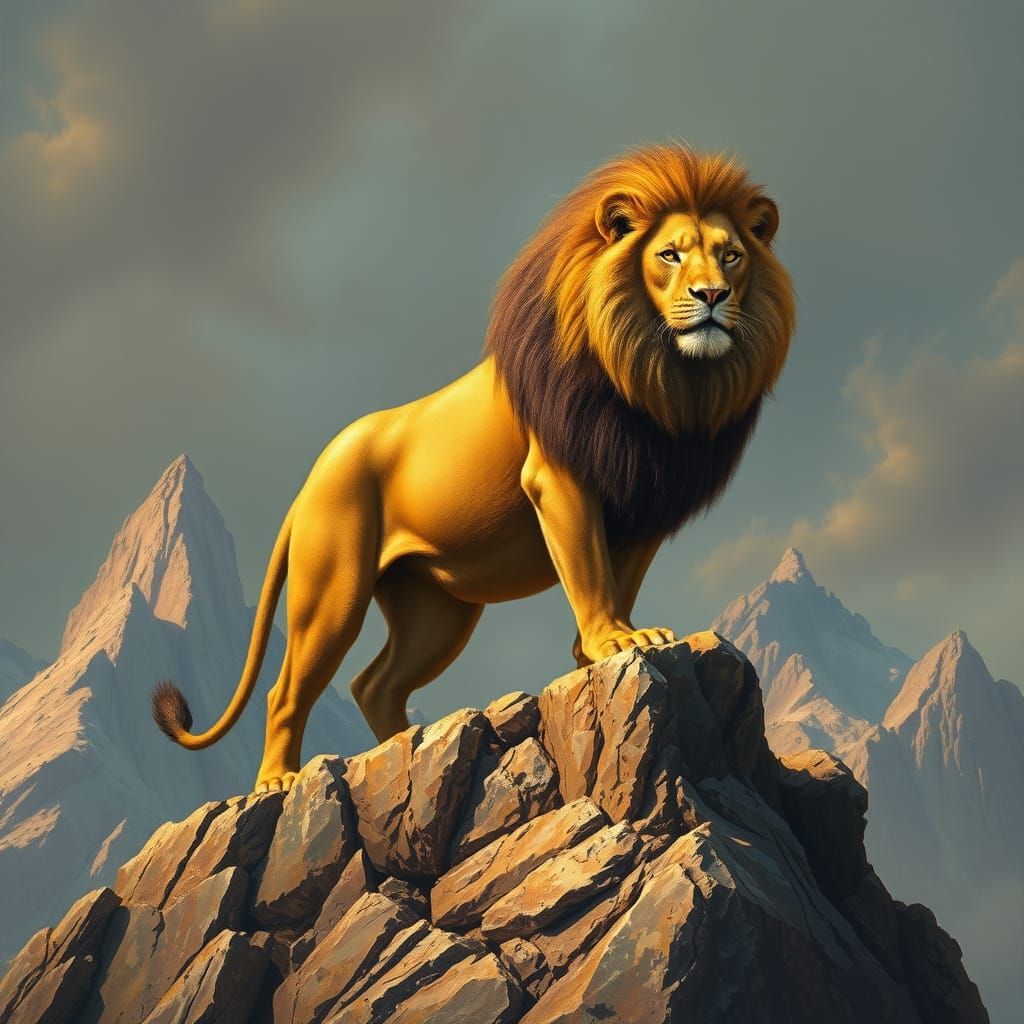 Majestic Lion on Mountain Peak in Sci-Fi Style