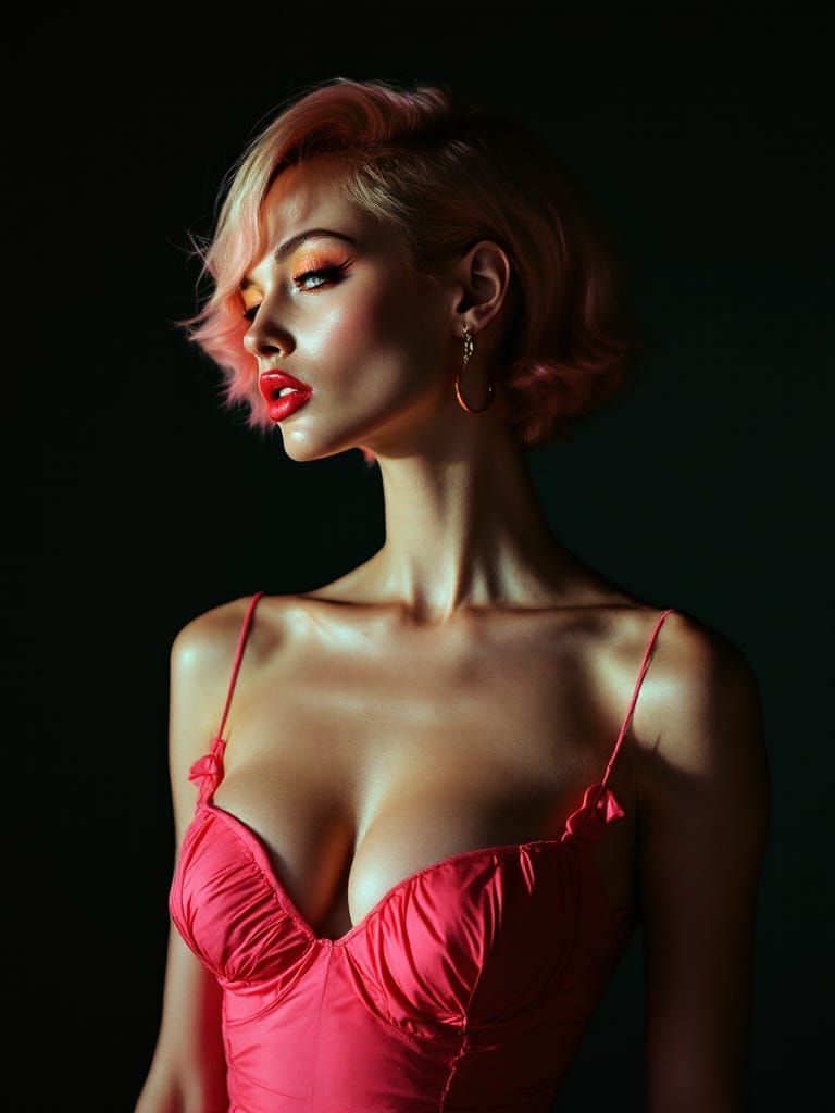 Pin Up Woman With Pink Tipped Hair in Bold Lighting