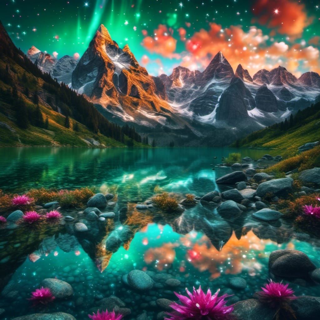 Emerald Mountain Landscape with Crystal Stars