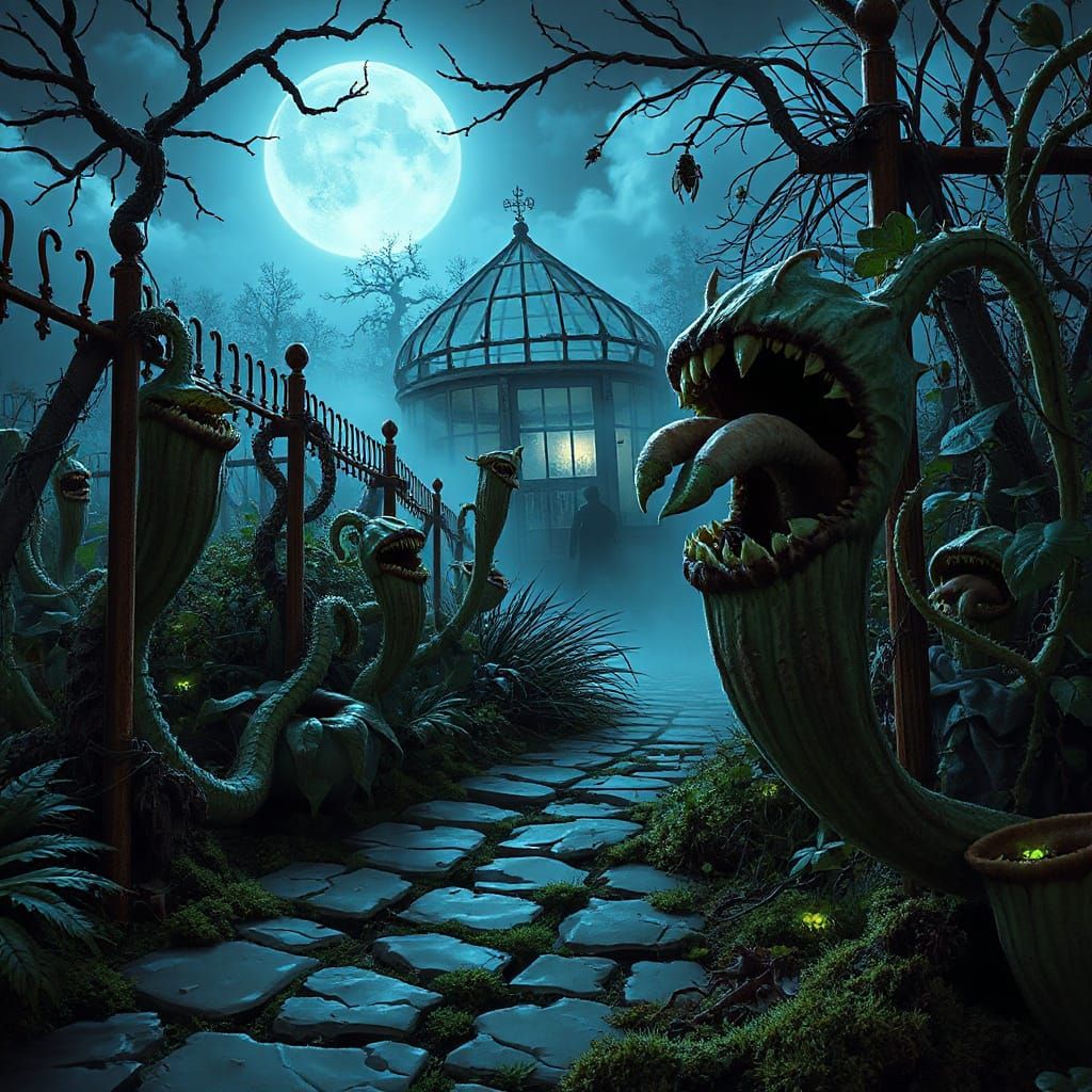 Eerie Garden at Dusk: A Hyperrealistic Illustration