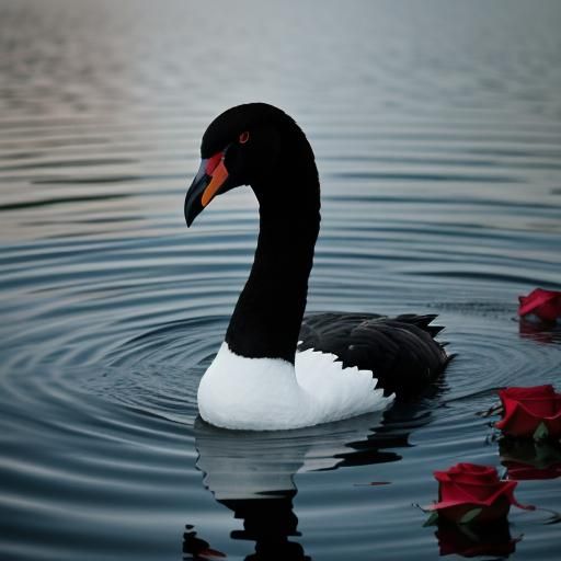 Black, White and Red Swan on Lake at Dawn