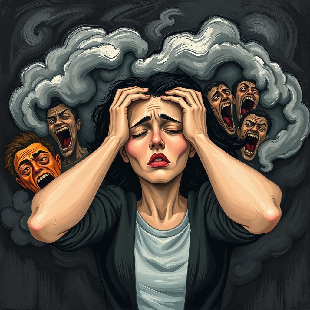 Woman Overwhelmed: Cubist Illustration of Anxiety