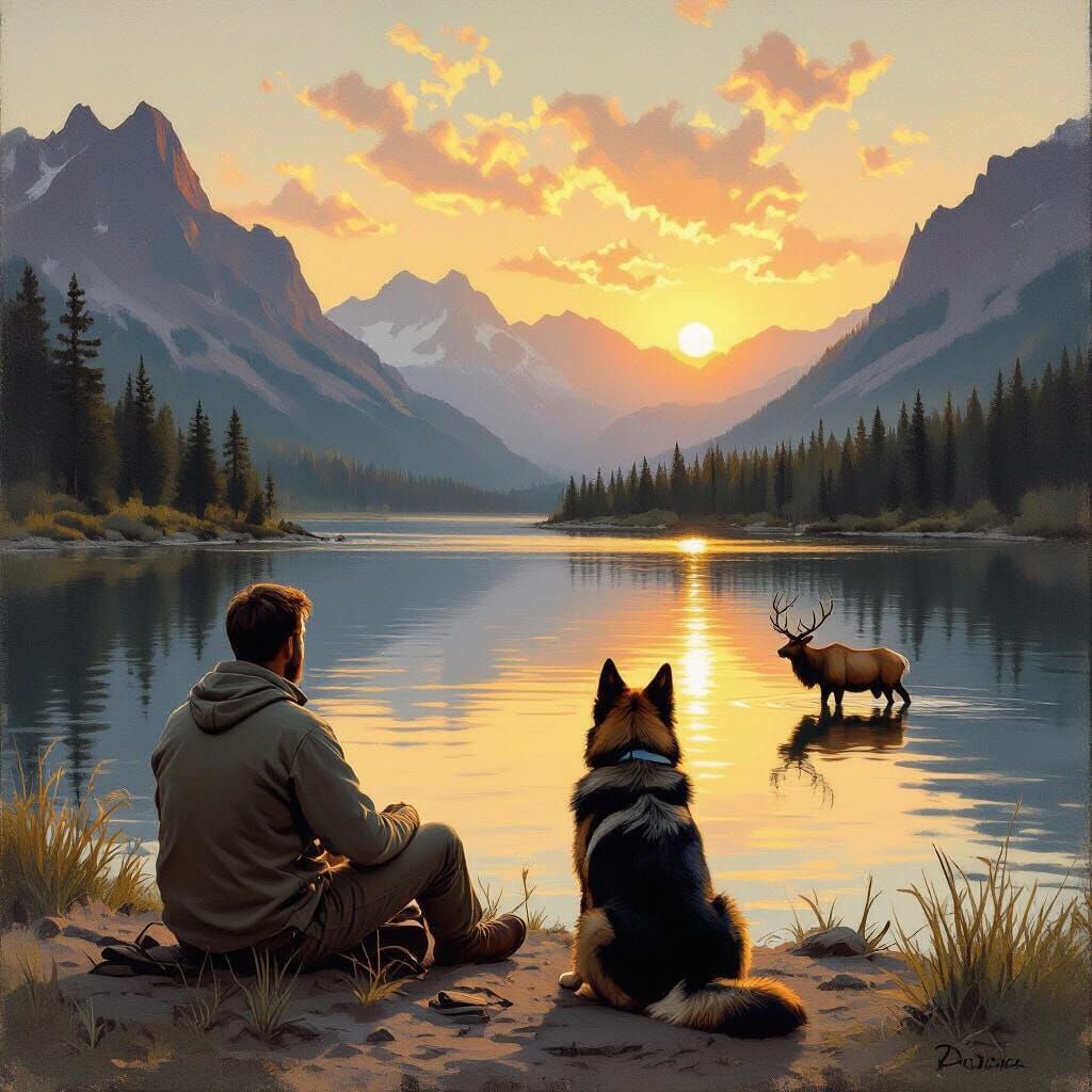 Tranquil Lakeside Scene with Man and Dog