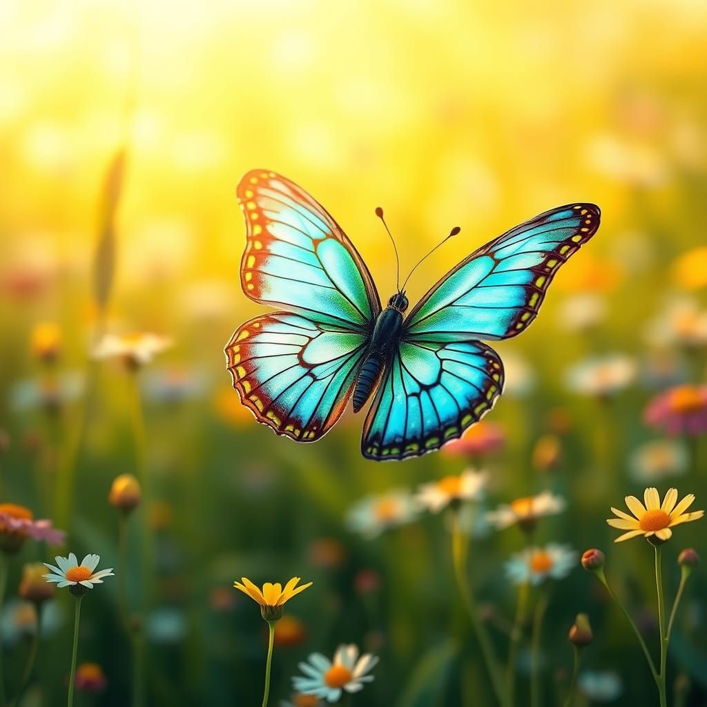 Iridescent Butterfly in Meadow: Art Nouveau Style