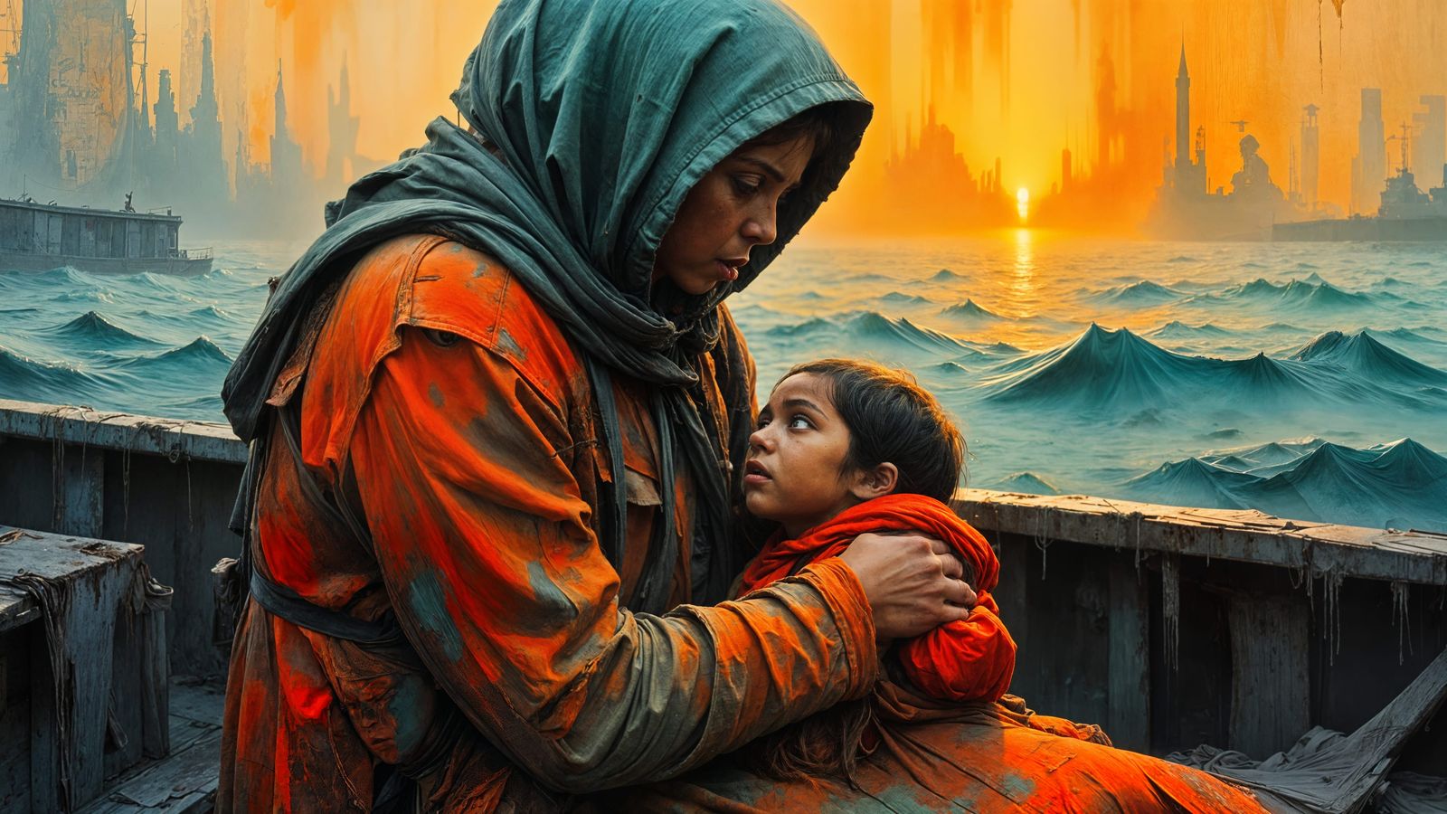 Refugee Mother and Baby on Boat at Sunrise