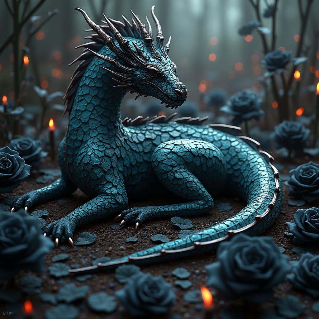 Stained Glass Dragon Amid Black Roses