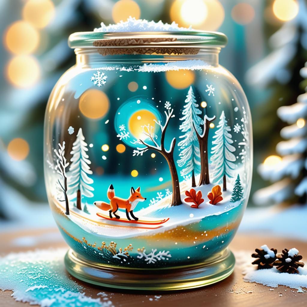 Fox Skiing in Miniature Glass Jar Landscape