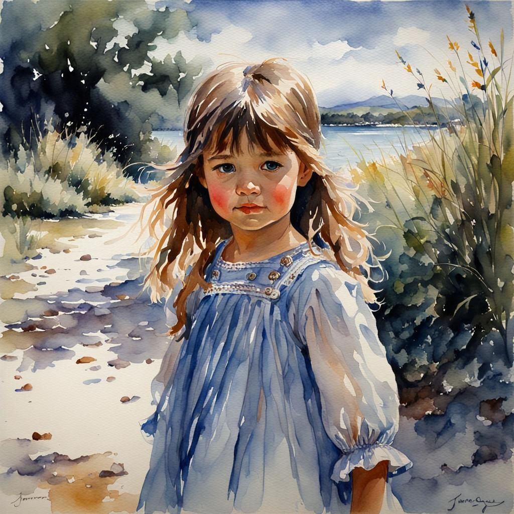Watercolor Portrait of a Beautiful Little Girl