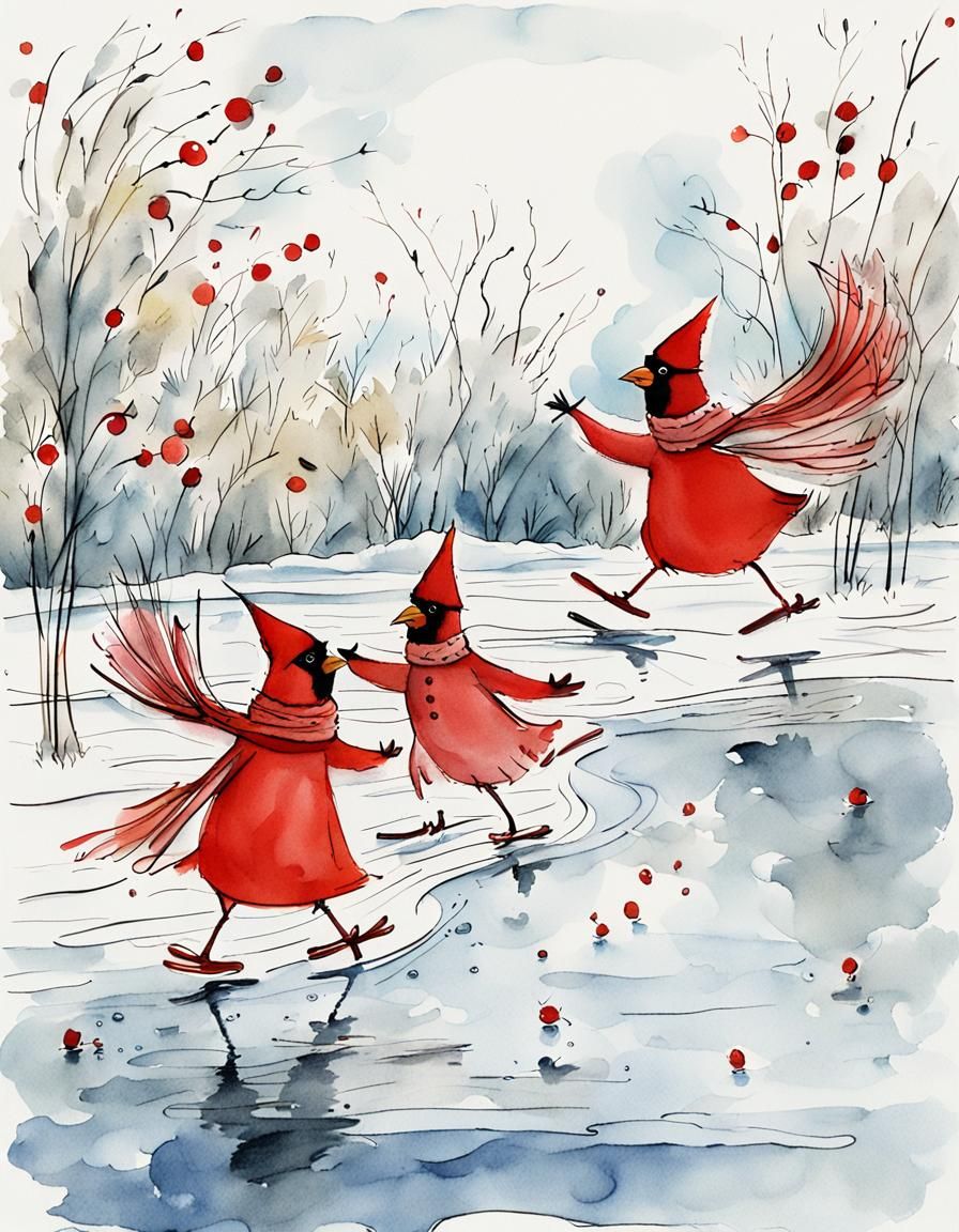 Whimsical Cartoon Cardinals Skate on a Winter Wonderland