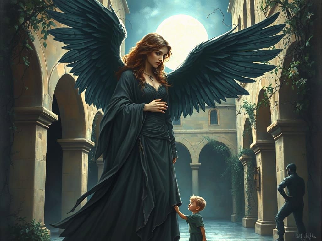 Gothic Angel Protects Boy in Moonlit Andalusian Courtyard Oi...