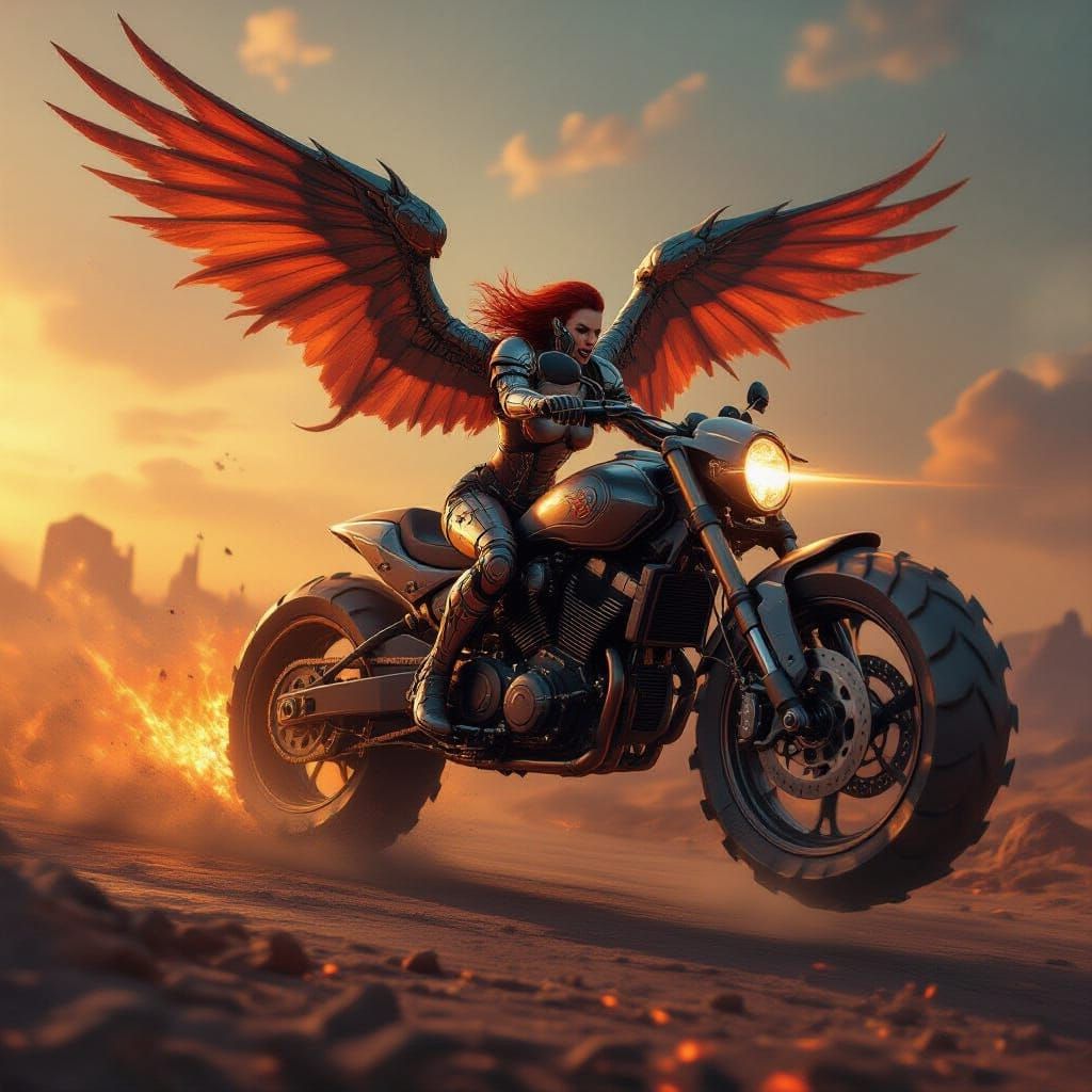 Apocalyptic Cyborg Motorbike Rider in a Fiery Sky