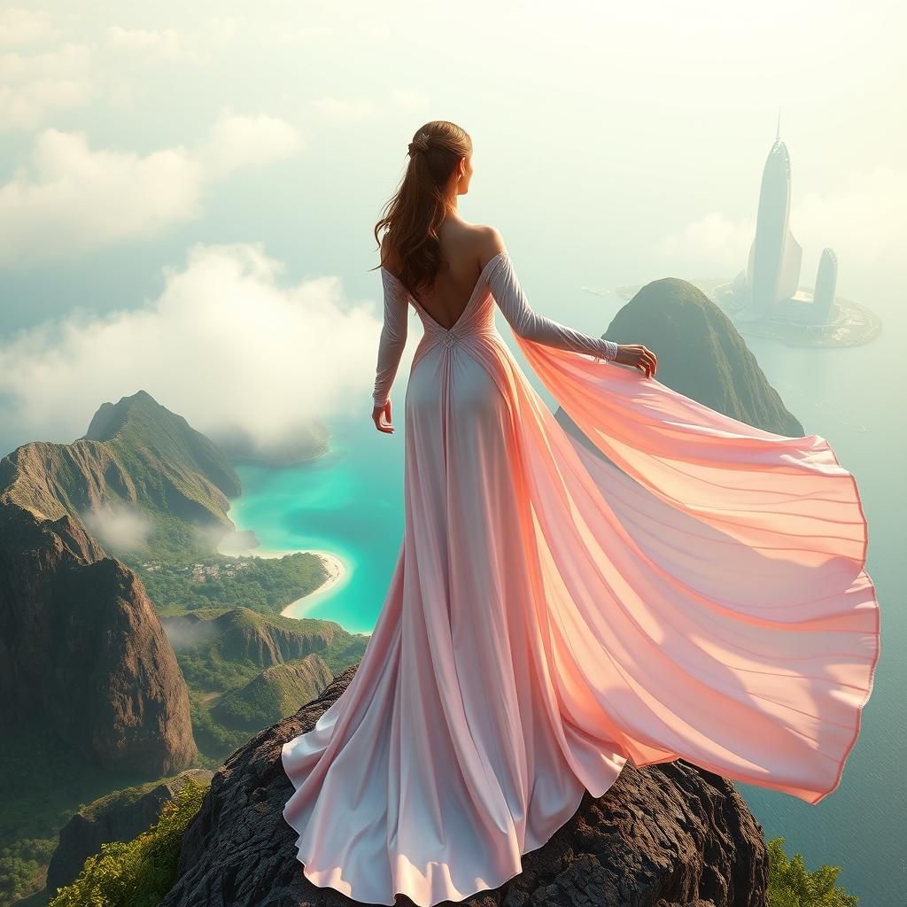 Futuristic Woman Overlooking Tropical Island in Painterly St...