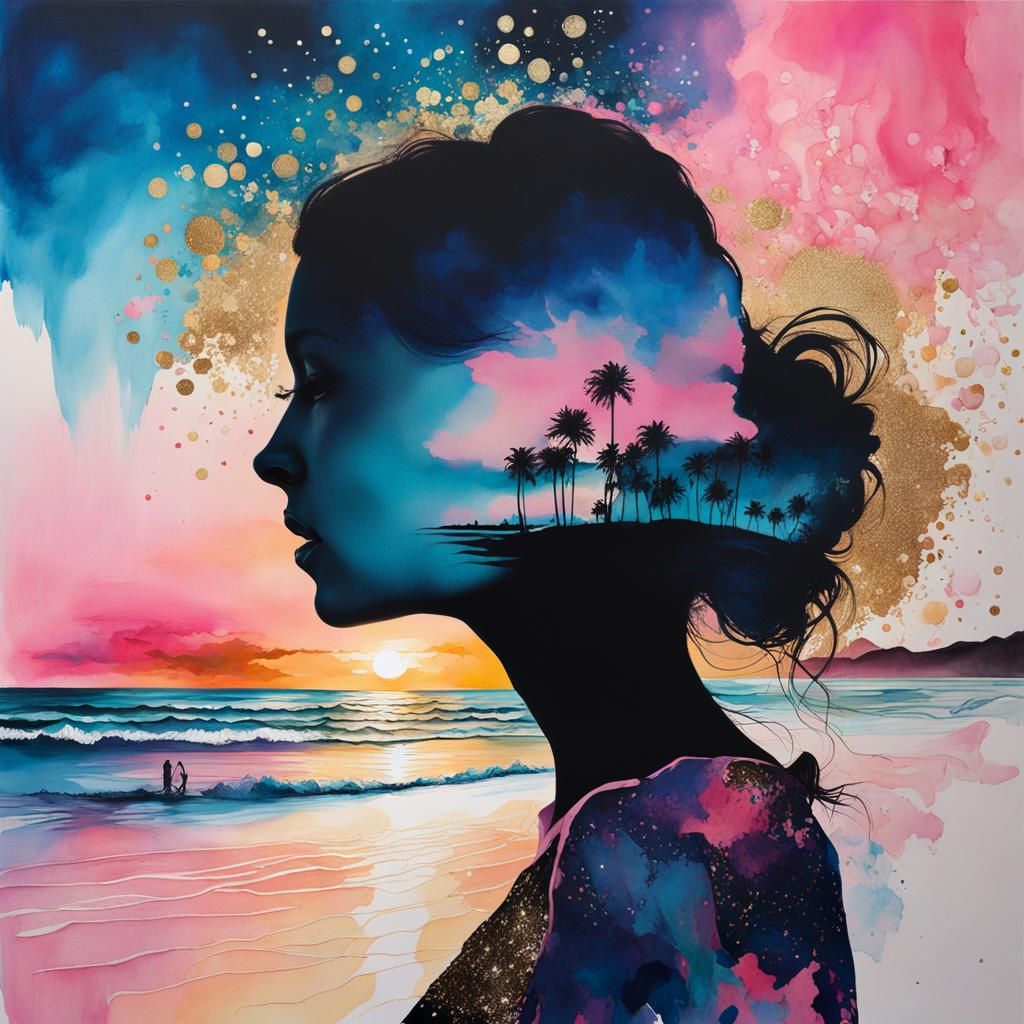 Double Exposure Beach Sunset in Watercolor Style