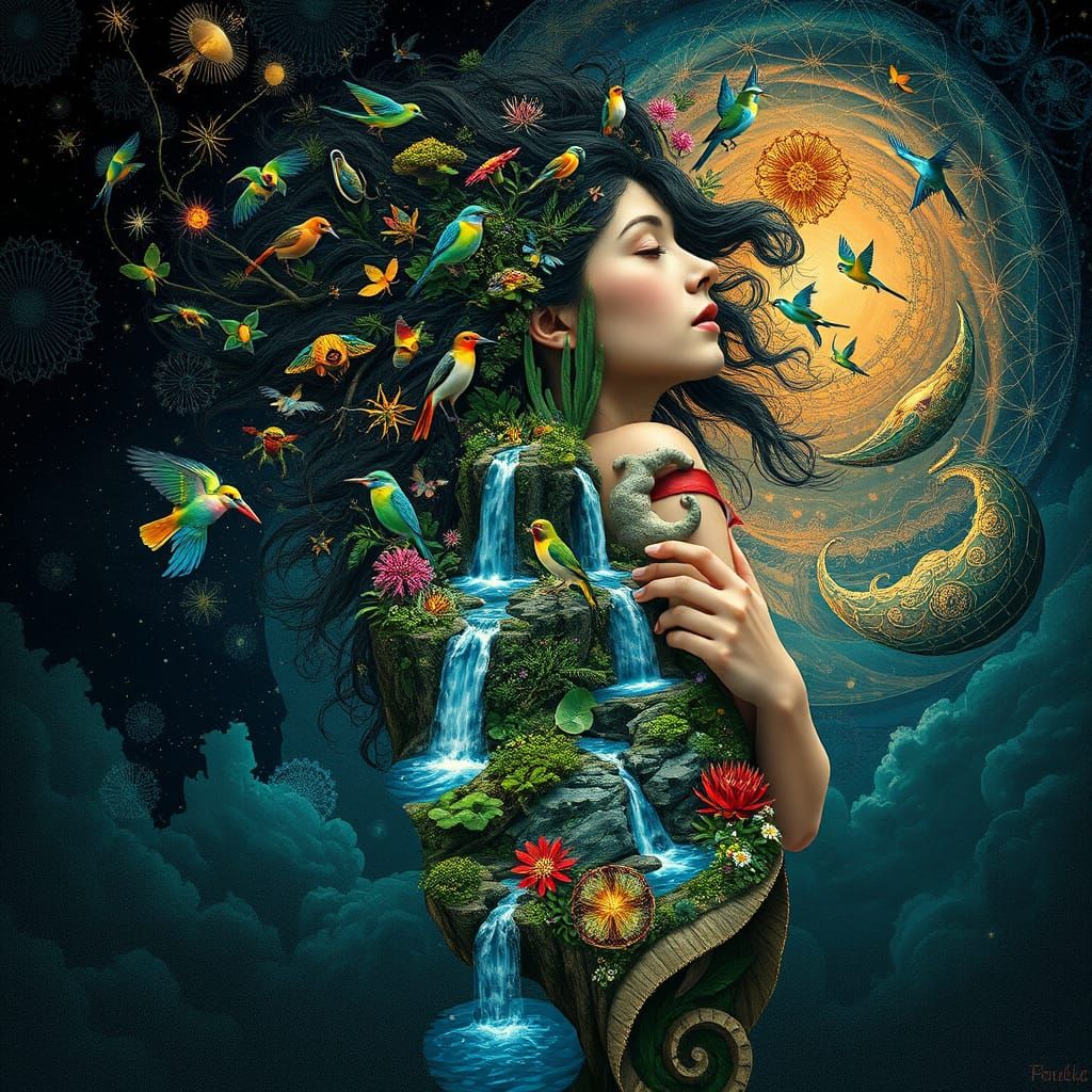Bio-Art Woman with Ecosystem Hair