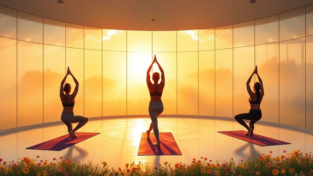 Impressionist Yoga: Women in Tree Pose at Sunrise