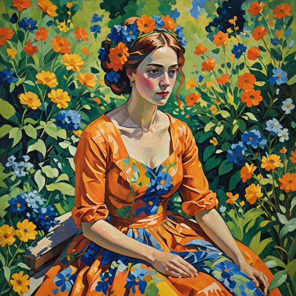 Woman in Orange Dress in Fauvist Garden