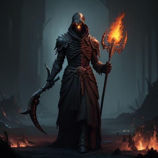 Flaming Skeletal Reaper in Dark Fantasy Style