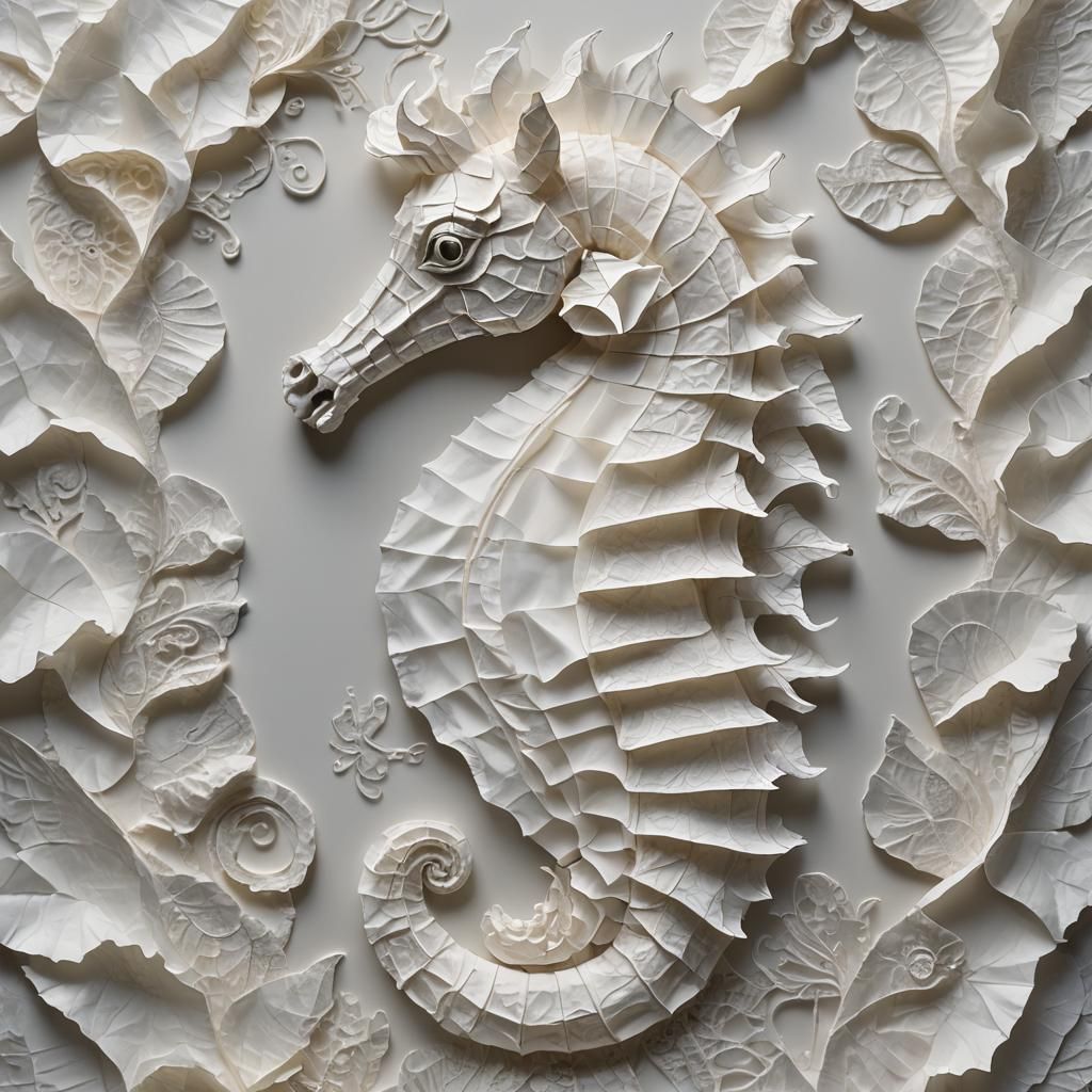 A detailed image of [Seahorse ] made of white tissue paper.