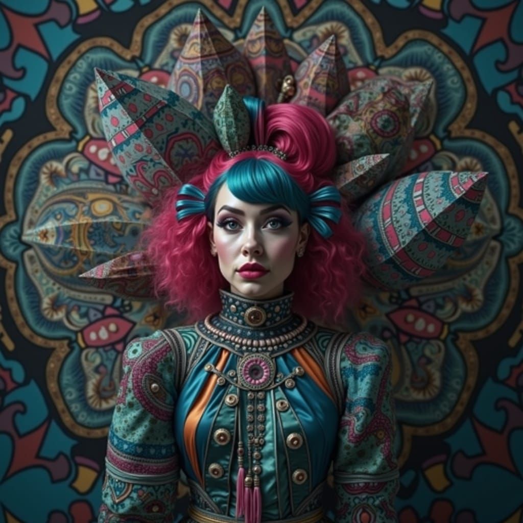 Flamboyant Woman with Geometric Overlays