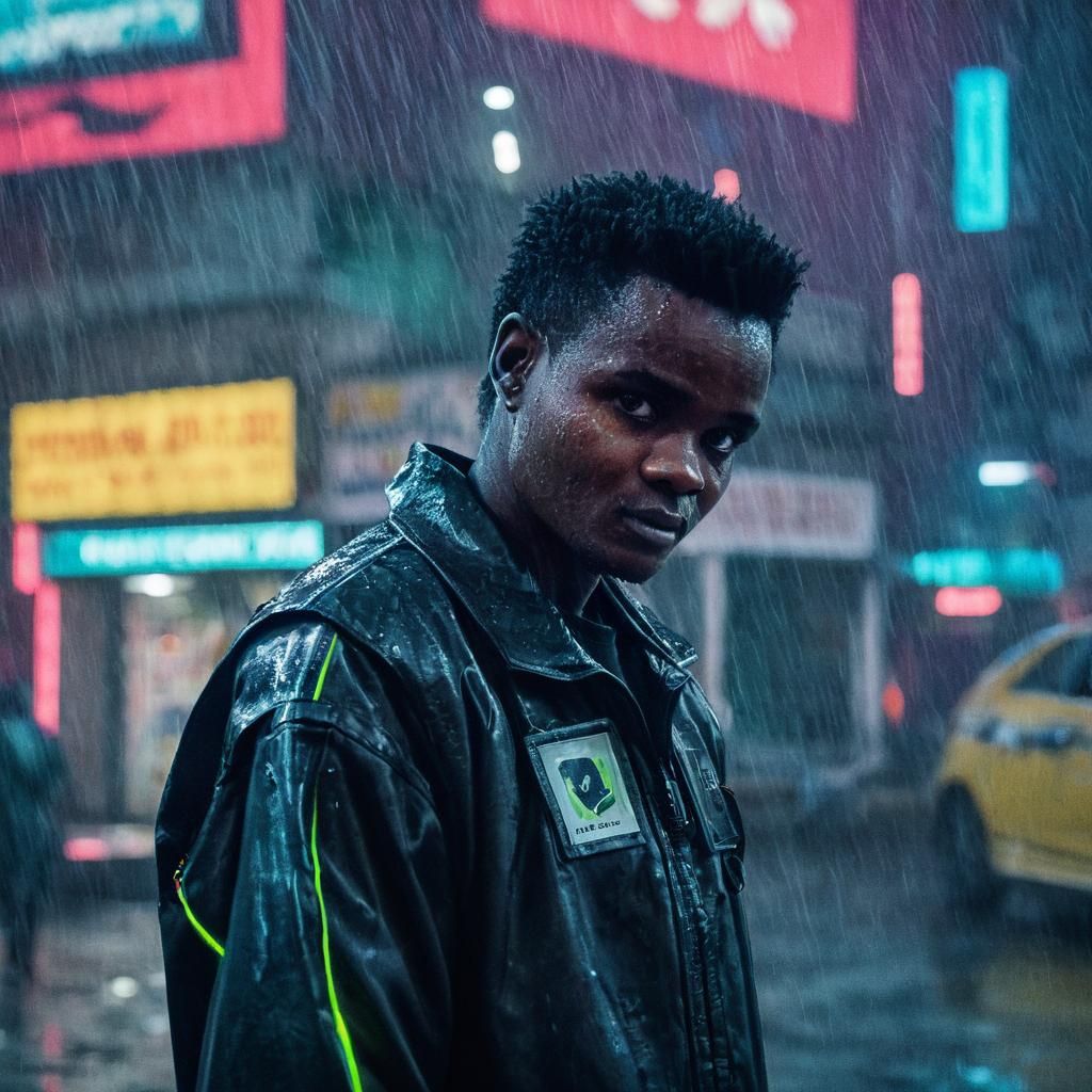 Cyberpunk Protagonist in Rainy Cityscape