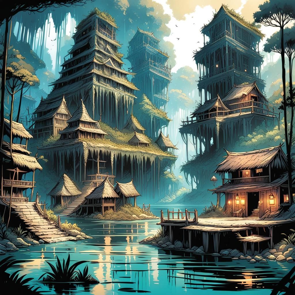 Fantasy Village in Cenote: Comic Book Art