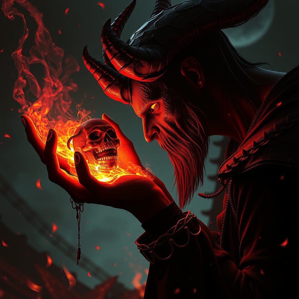 side portrait of Satan playing with a damned soul