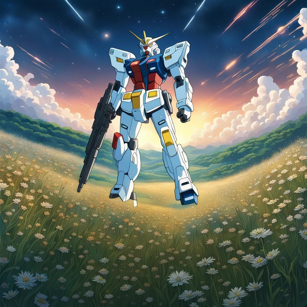 Gundam Gazing at Stars in Ghibli Anime Style
