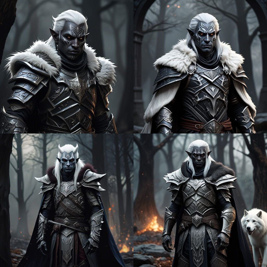 Dark Elf Warrior in White Wolf Armor, Dark Fantasy Character...