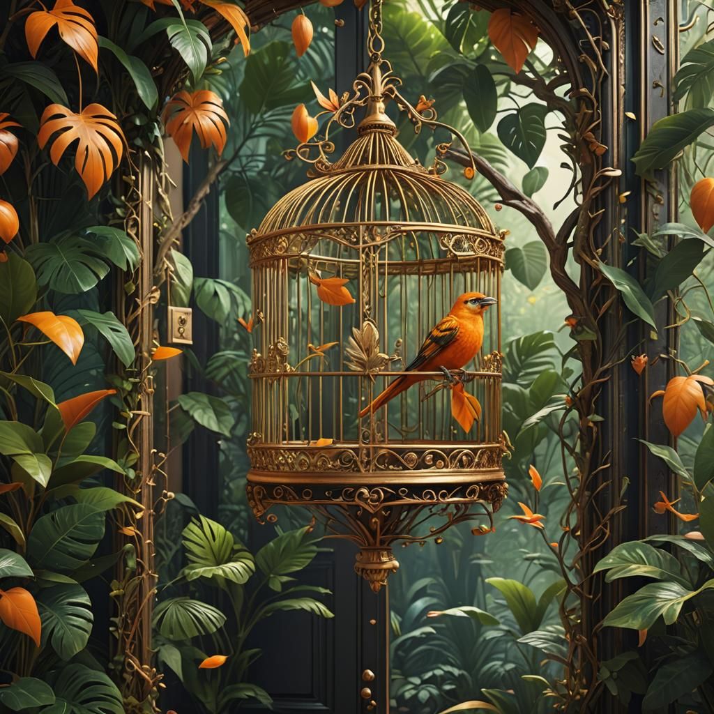 Orange Bird in Golden Cage: Detailed Matte Painting