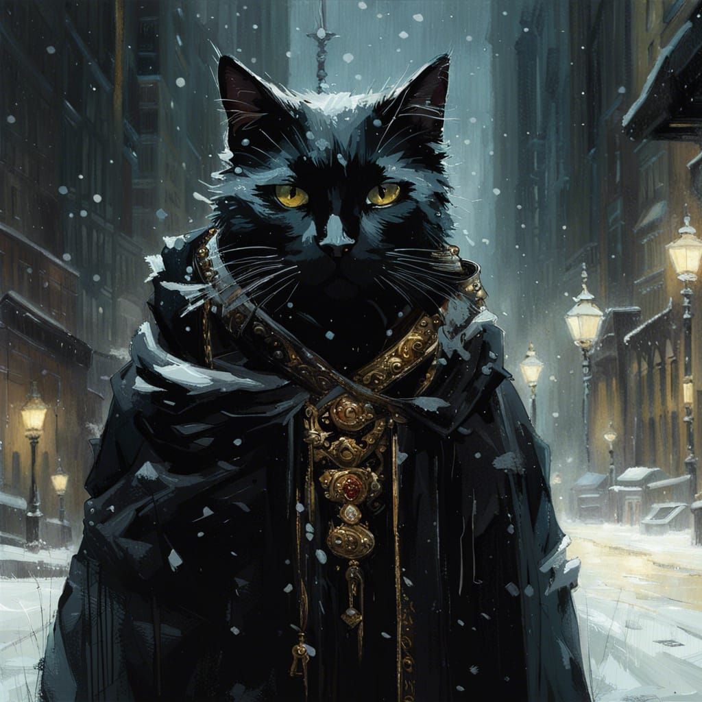 Black Cat Wizard in Snow, Detailed Oil Painting