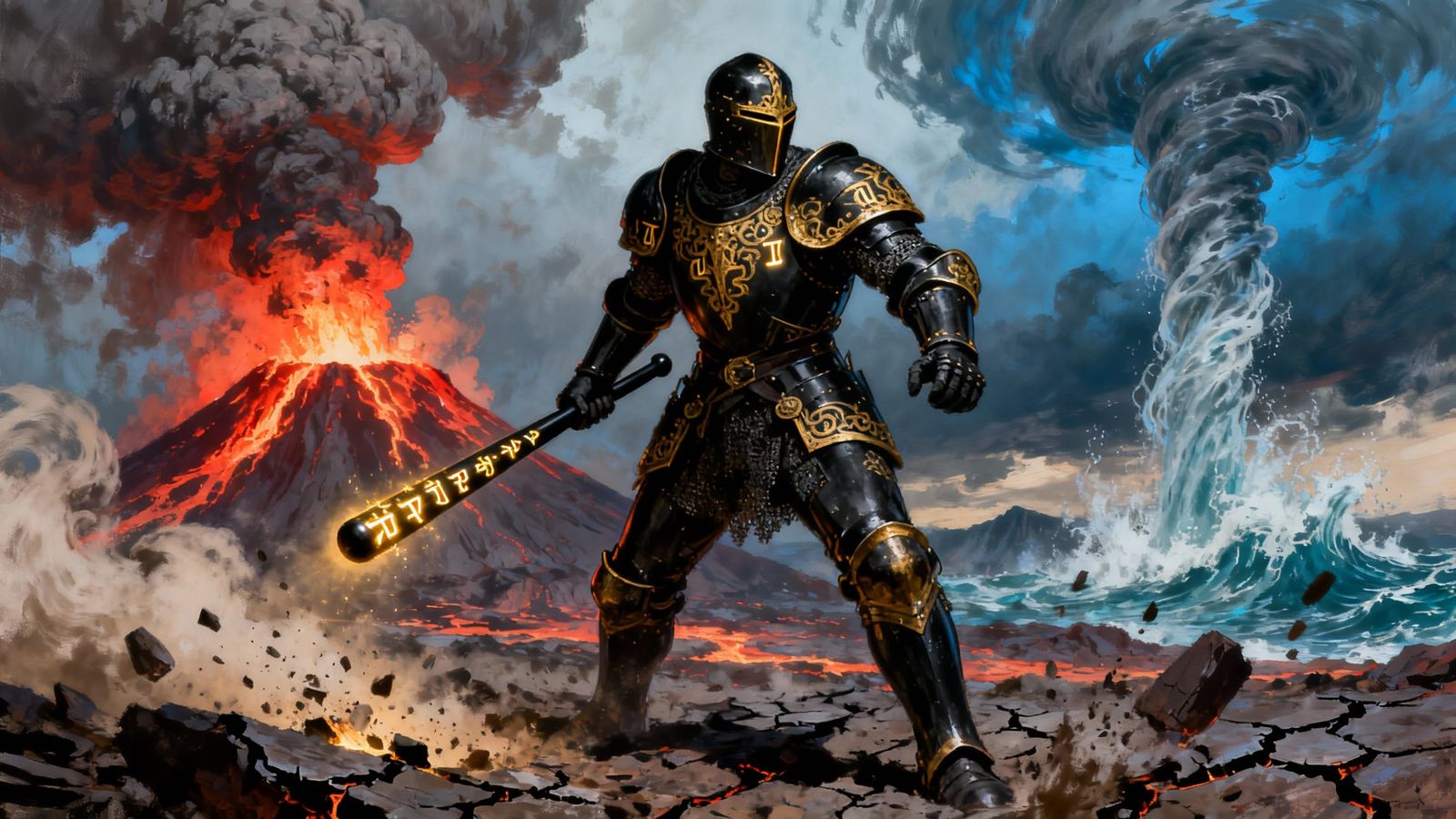 Black and Gold Warrior Wields Runestaff in Chaos Landscape