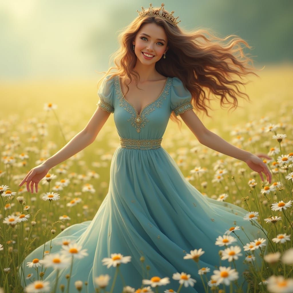 Fantasy Realism Portrait of a Joyful Woman in a Sunlit Daisy...