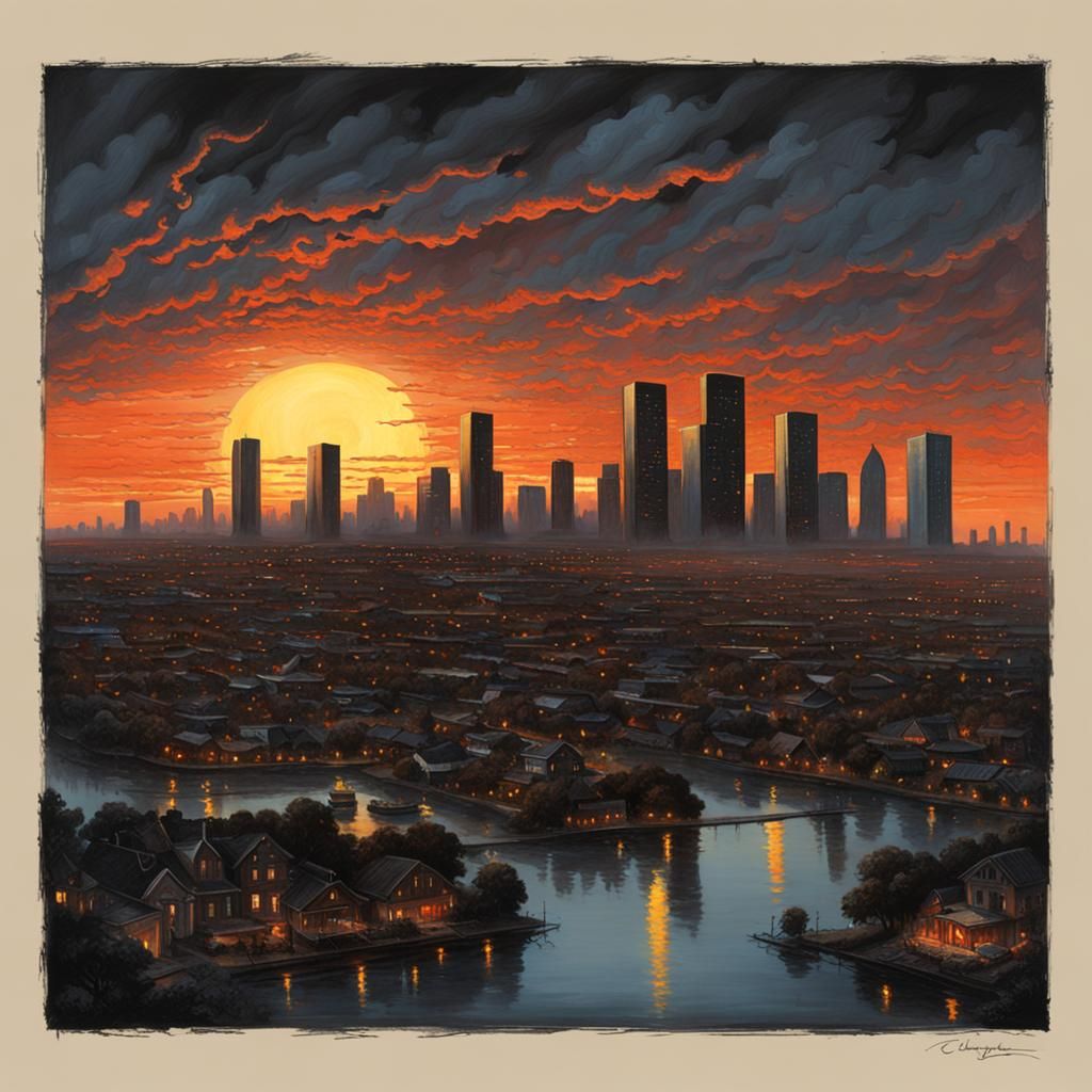 Houston Skyline at Sunset in Gothic Horror Style