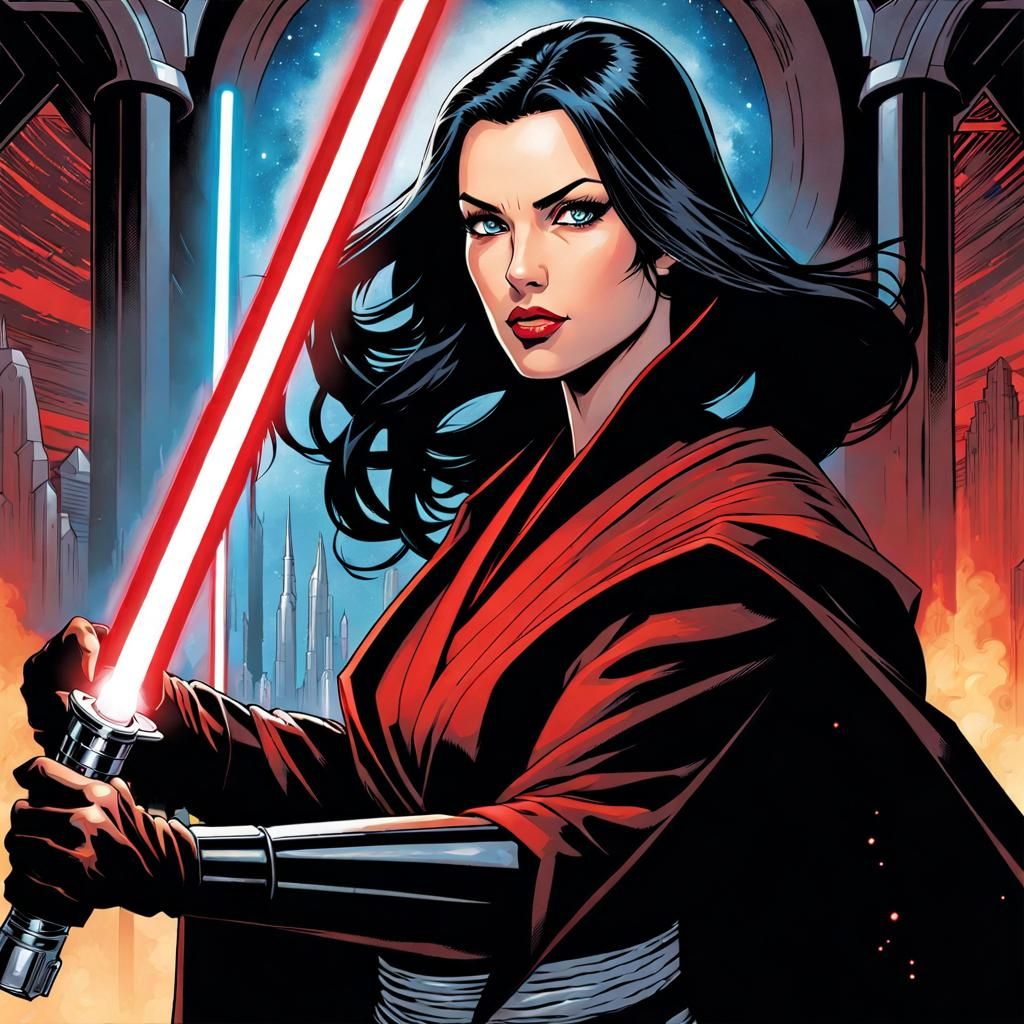 Dark Haired Jedi Knight with Crossguard Lightsaber