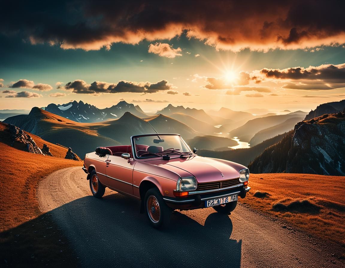 Steampunk Peugeot 104 at Sunset: Cinematic Film Still