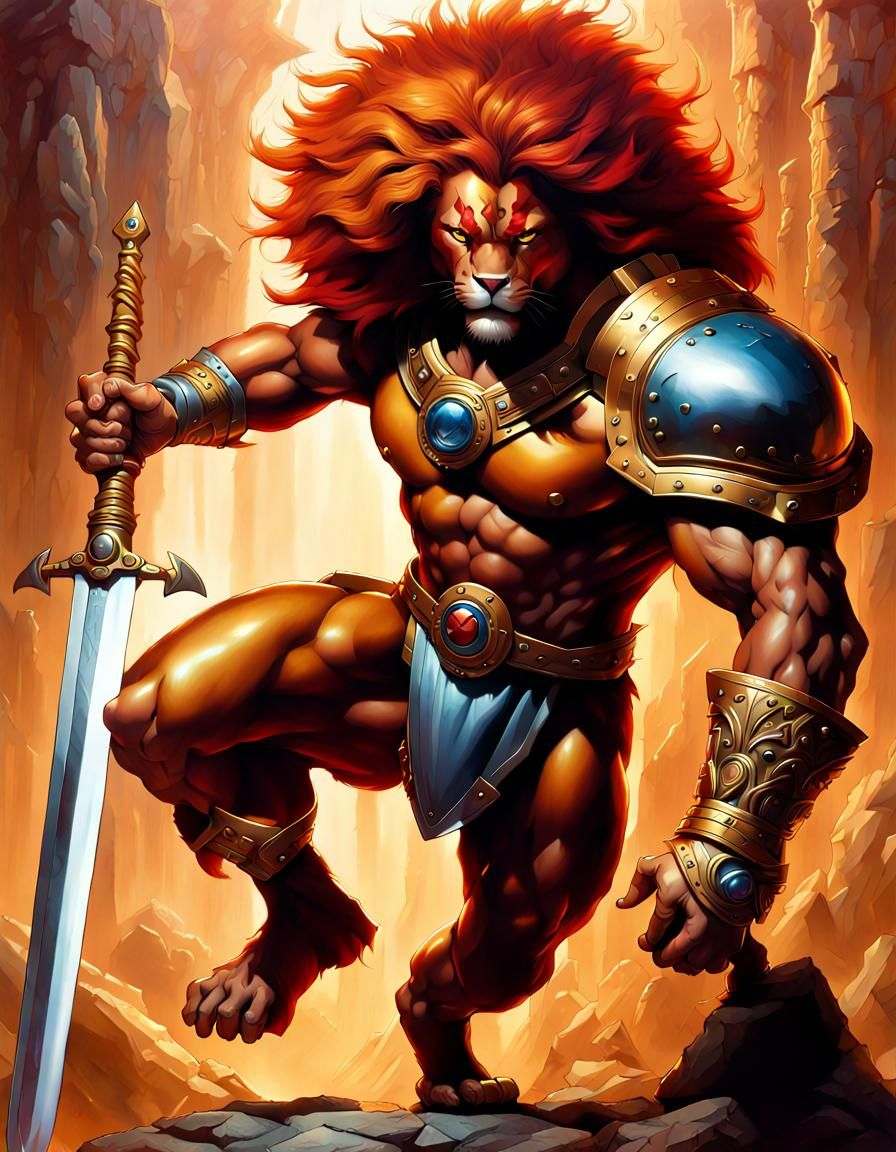 ThunderCat, Lion-O wielding the legendary Sword of Omens and Claw Shield in action