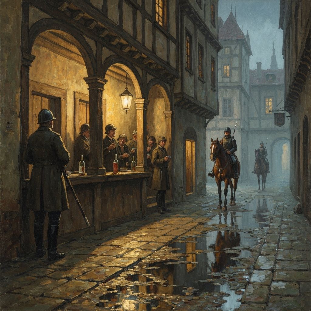 Medieval Guards Patrol Muddy Alleyways in Misty Night