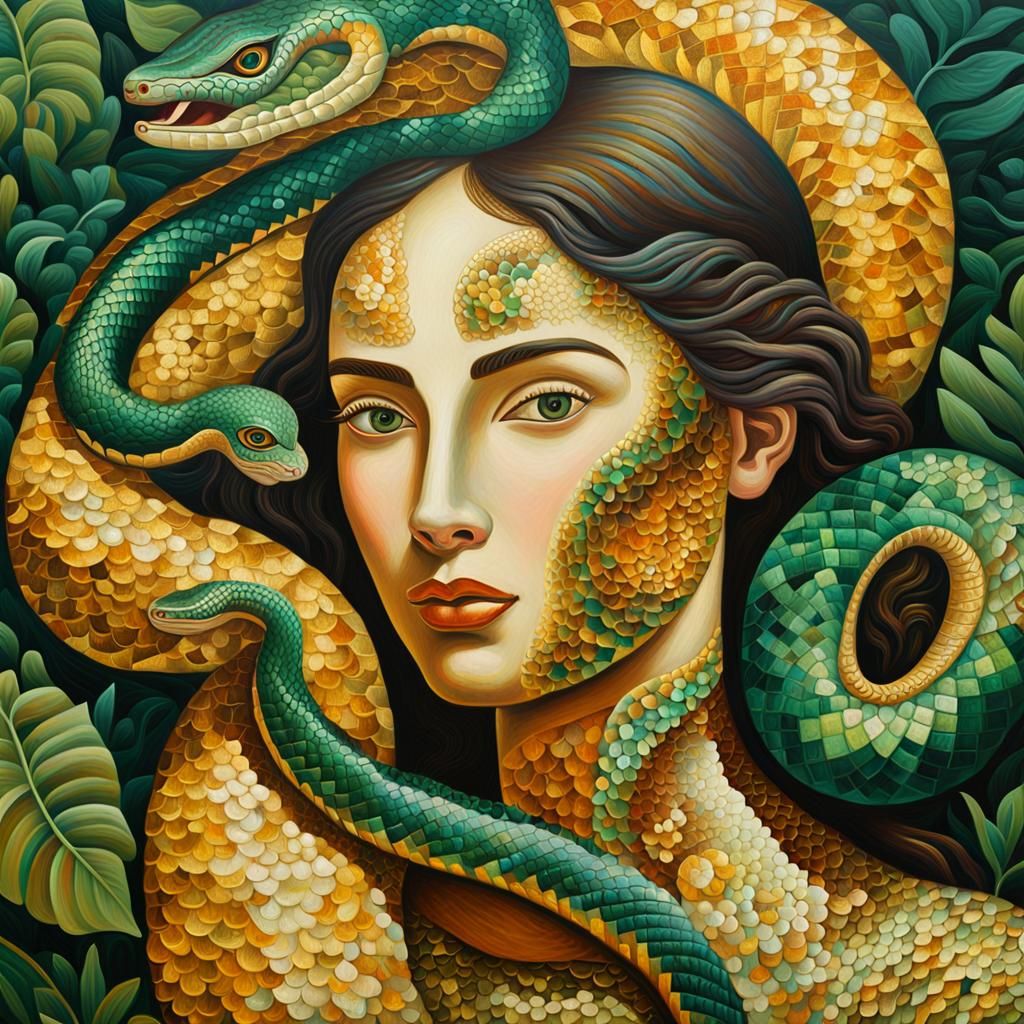 Woman Transforms into Cobra in Exotic Oil Painting