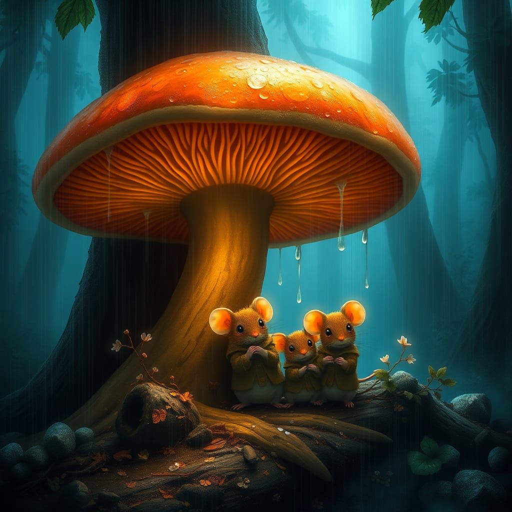 Mice Family Sheltering Under Glowing Mushroom